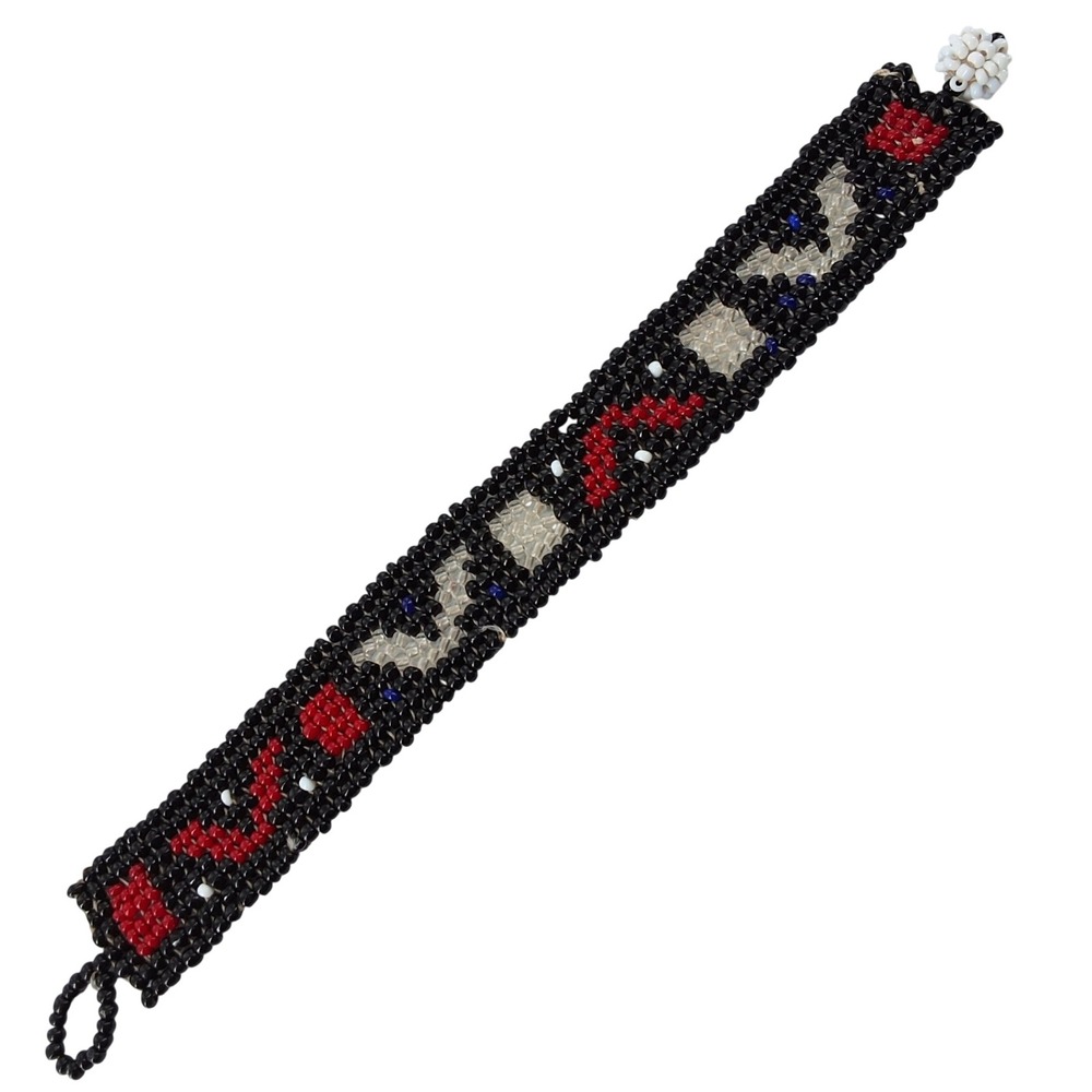 Handmade Seed Bead Cuff Bracelet Black Red White Geometric Tribal Boho 7.5 Inch